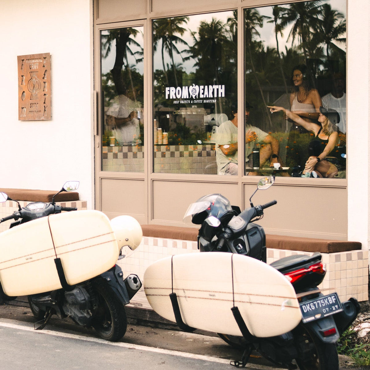 surfboards at a surf shop and cafe in seseh bali